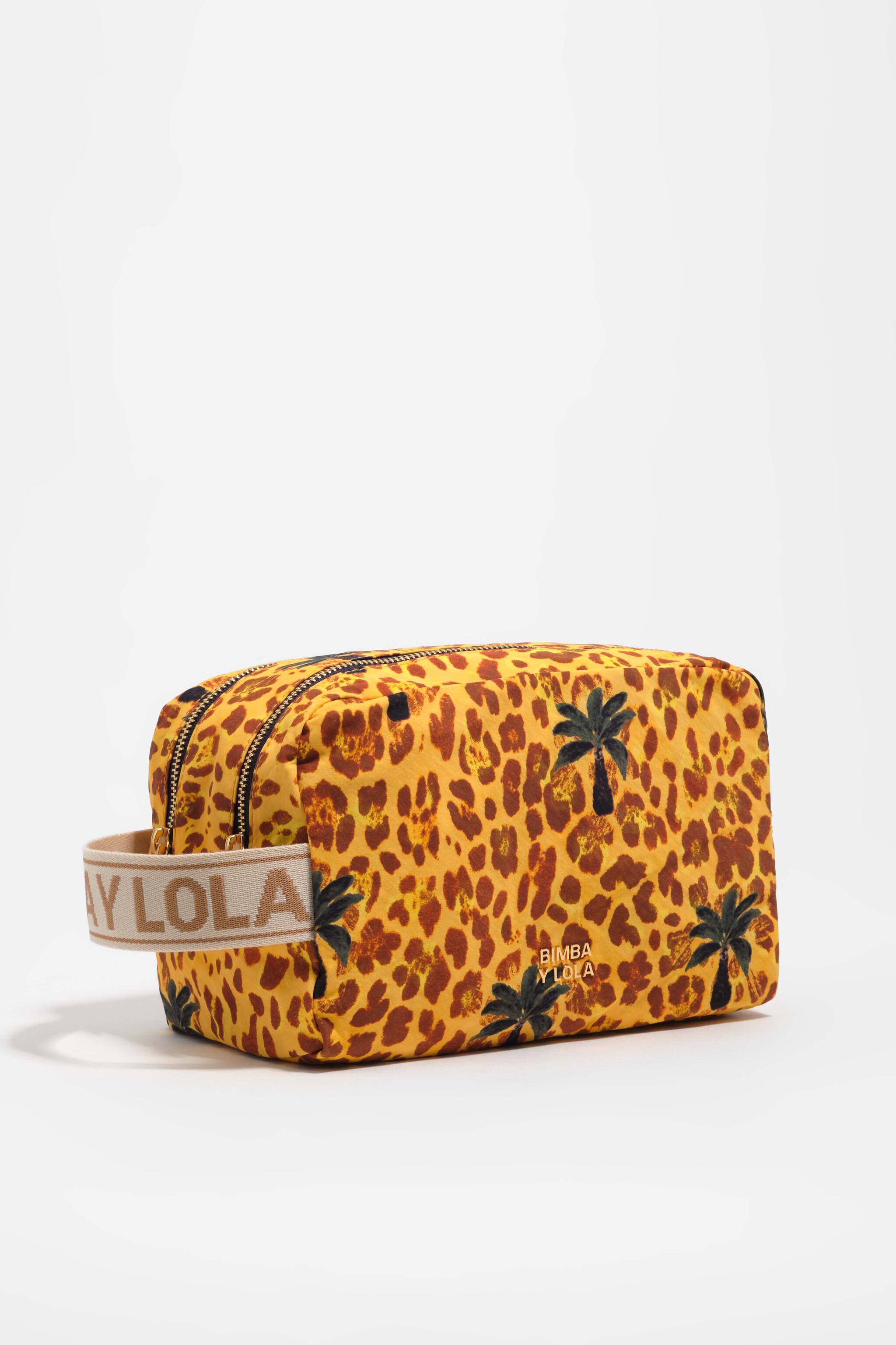 Stor gul leopardpalma dubbel nylon kosmetikkass