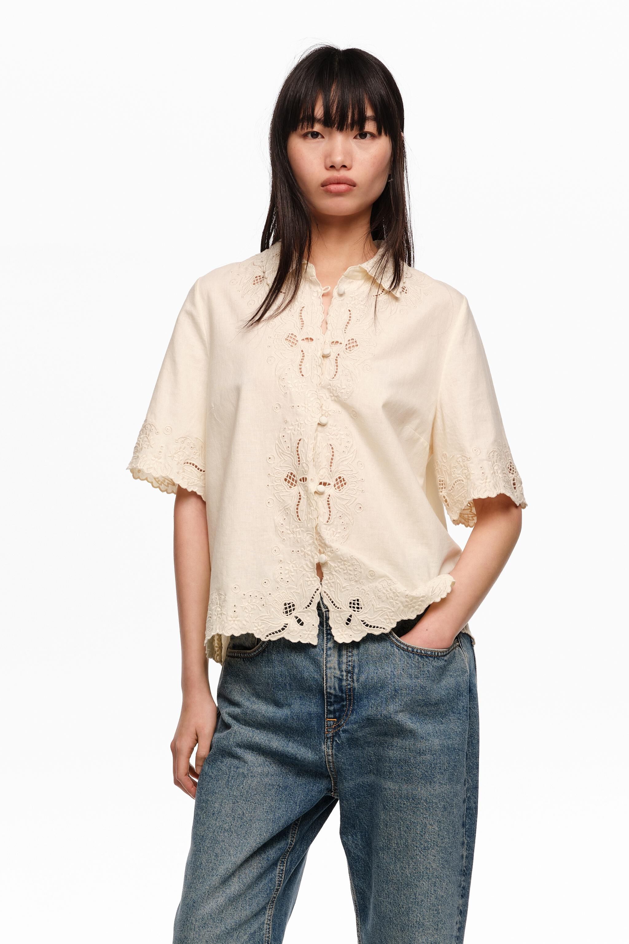 Beige linne bomull broderad skjorta