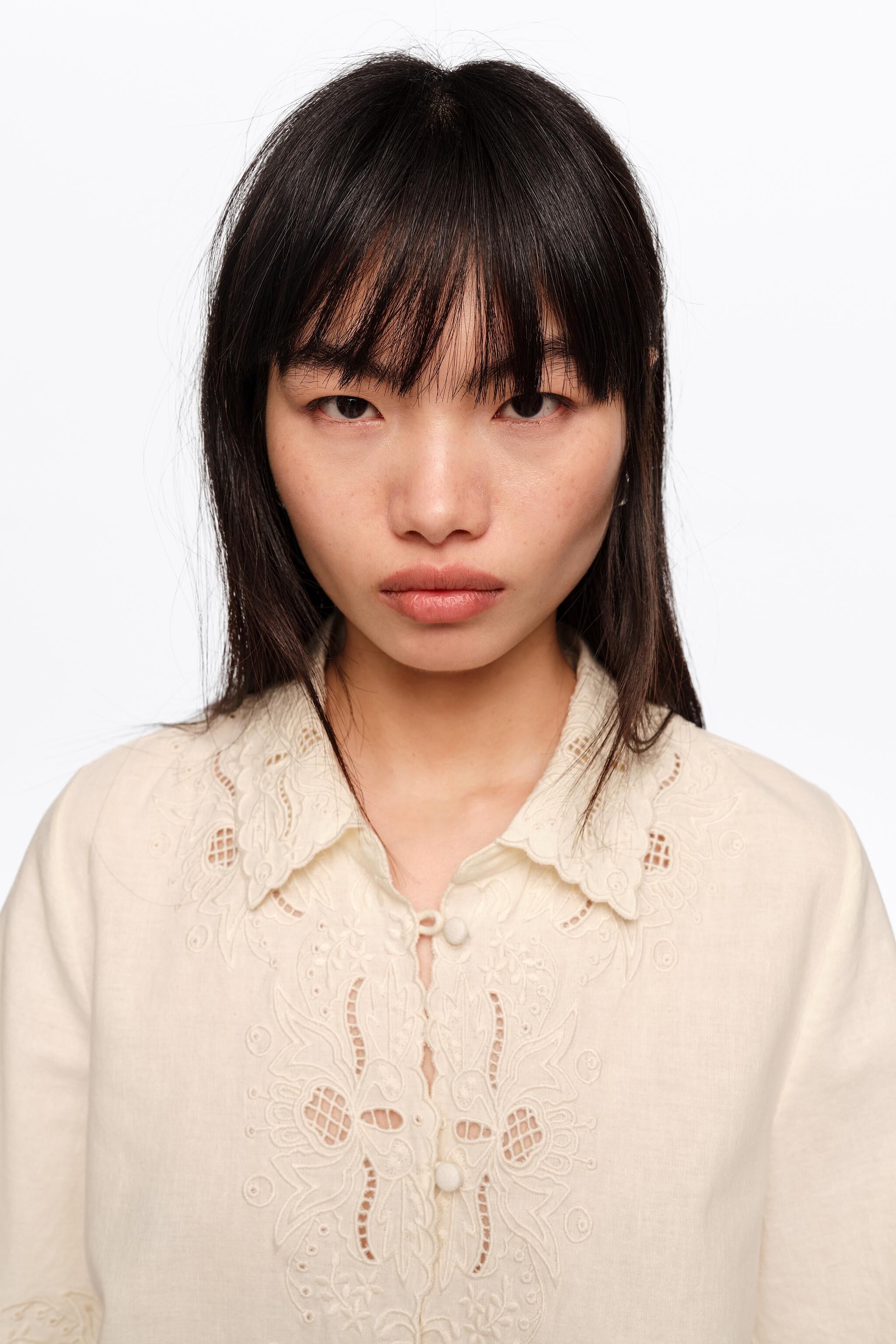 Beige linne bomull broderad skjorta
