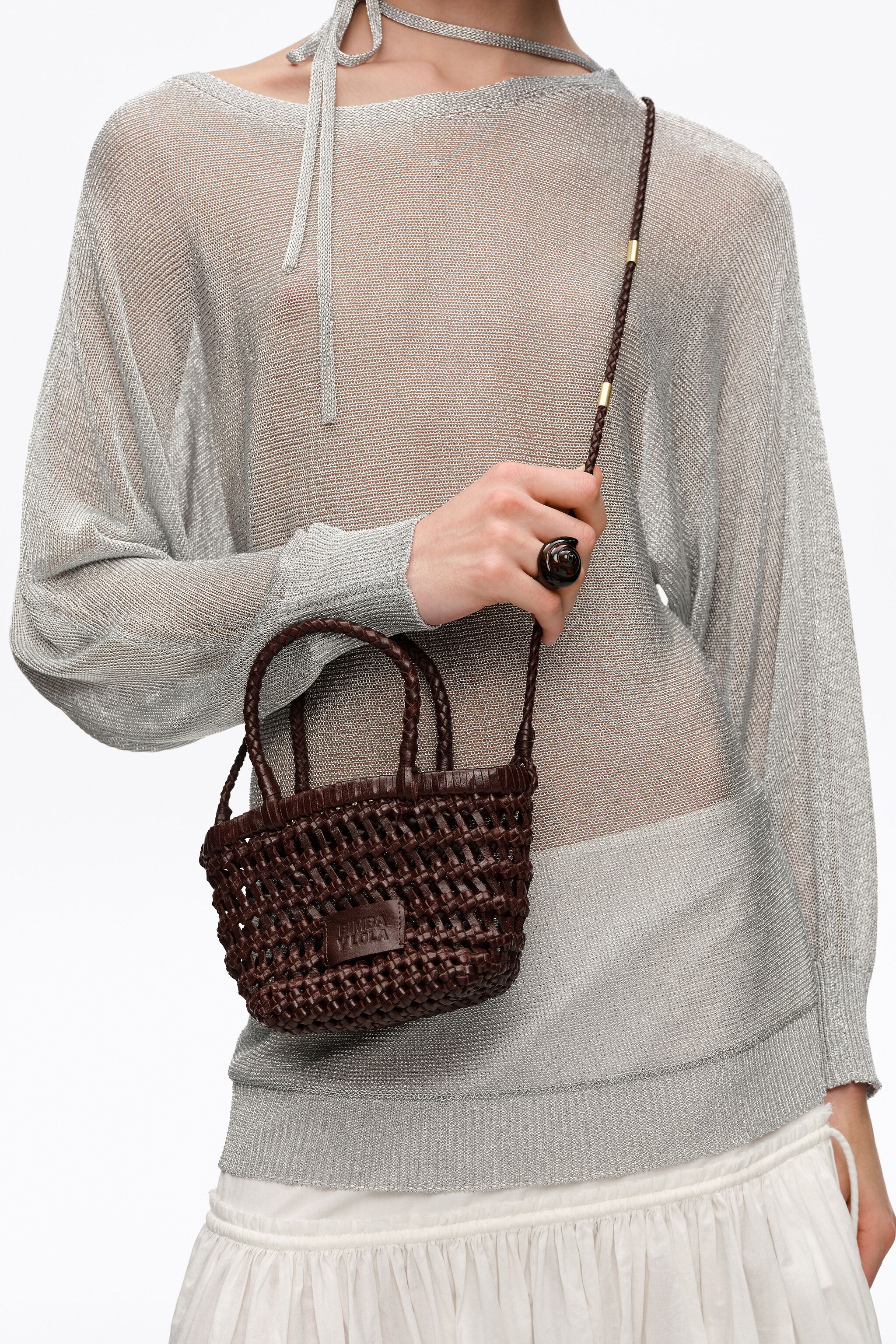 Mörkbrun mini flätad läderbagage